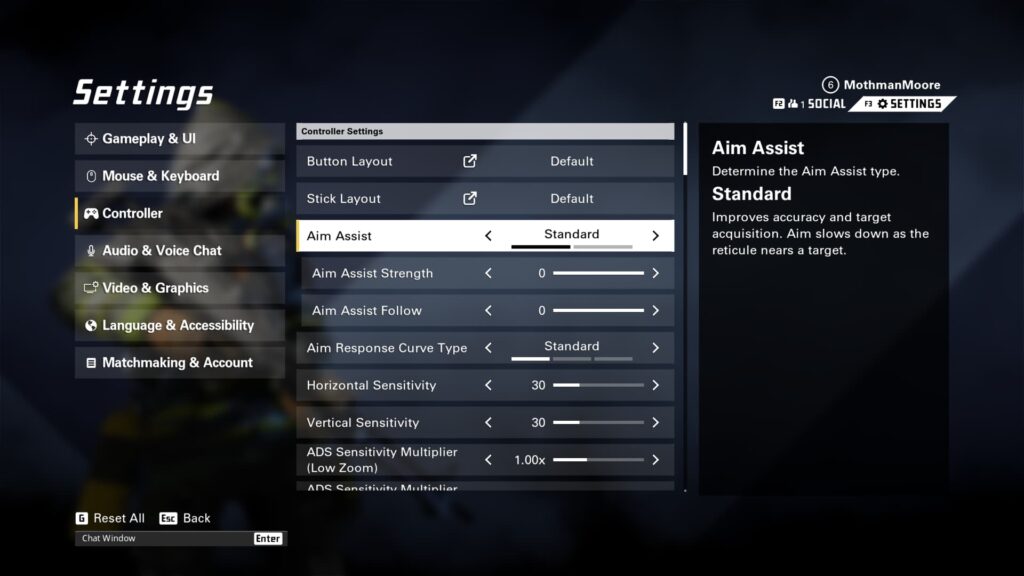The Settings menu in XDefiant, with aim assist highlighted.