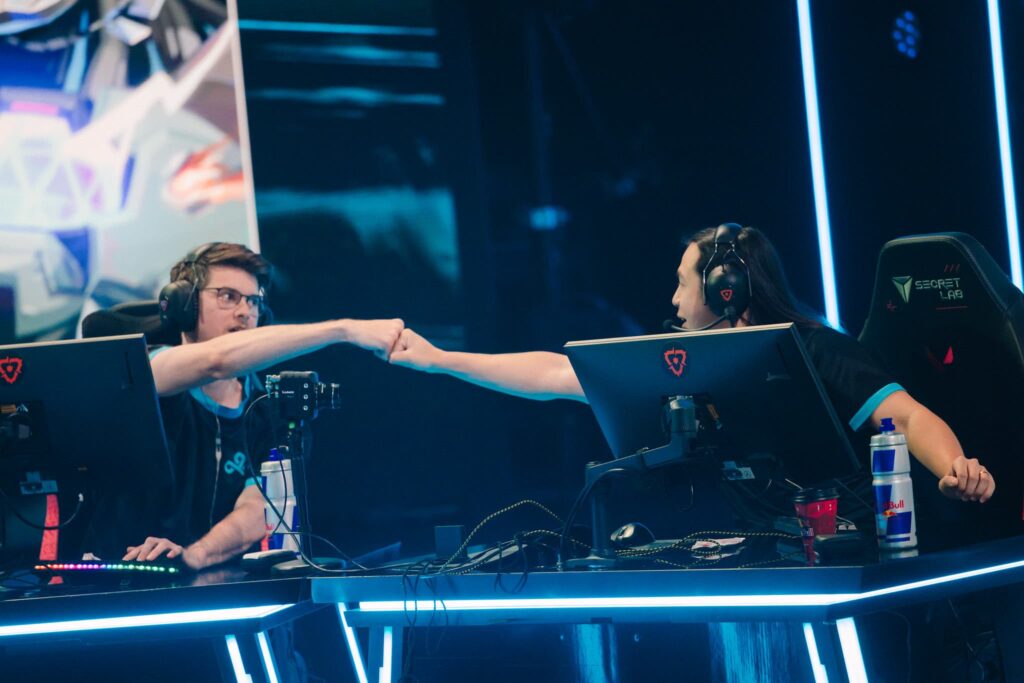 "runi" (L) and Xeppaa of Cloud9 are seen on stage during Week 1 of VCT Americas Stage 1 at the Riot Games Arena on April 6, 2024. 