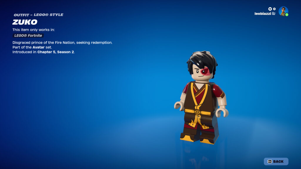 The Zuko skin for LEGO Fortnite (Image via esports.gg)
