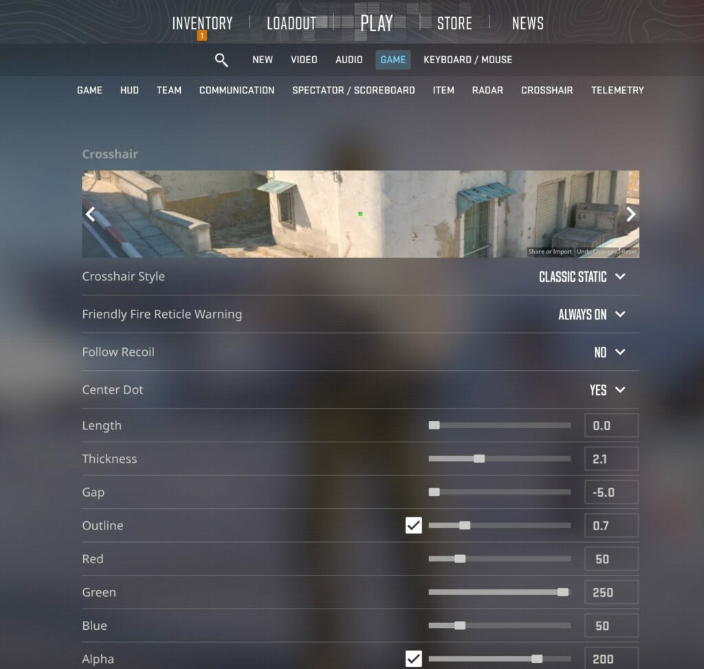 The settings for the Dot Crosshair in CS2