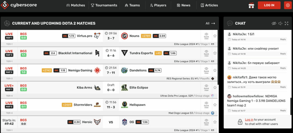 CyberScore.live tracks live and upcoming Dota 2 matches