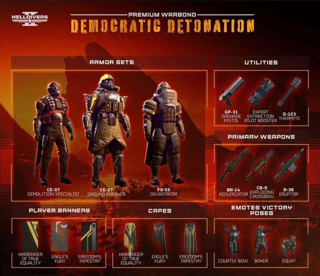 Every item in the Helldivers 2 Democratic Detonation Warbond (Image via @HelldiversAlert on Twitter)