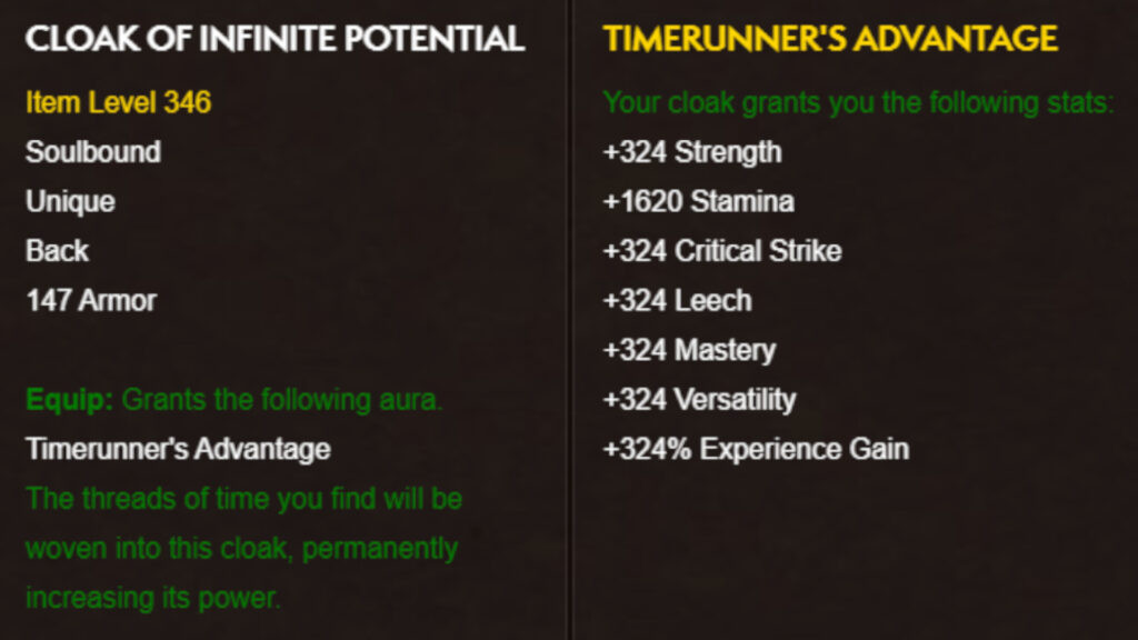 WoW Cloak of Infinite Potential information (Image via Blizzard Entertainment)