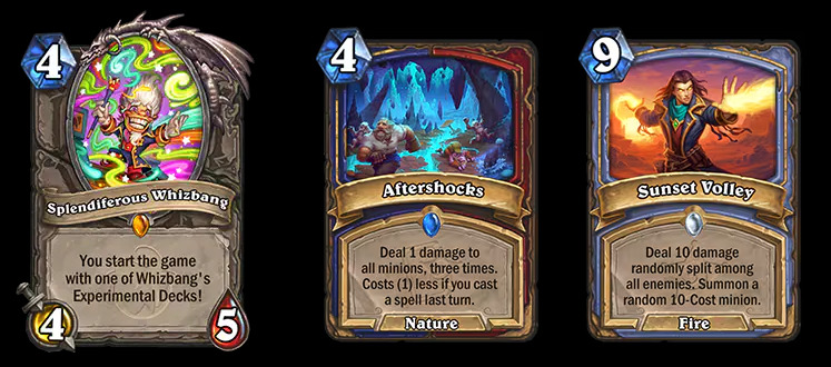 Splendiferous Whizbang, Aftershocks, and Sunset Volley in Hearthstone patch 29.2.2 (Images via Blizzard Entertainment)