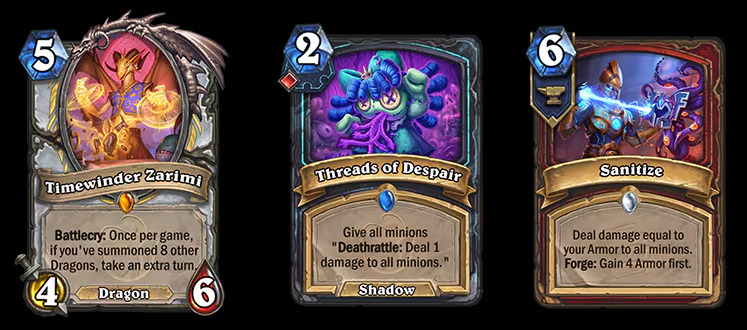 Timewinder Zarimi, Threads of Despair, and Sanitize in Hearthstone (Images via Blizzard Entertainment)