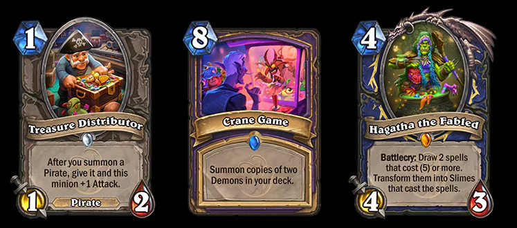 Treasure Distributor, Crane Game, and Hagatha the Fabled in Hearthstone (Images via Blizzard Entertainment)