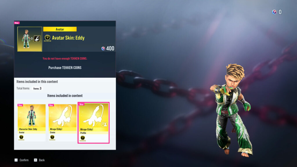 Eddy Gordo avatar, emote, and profile items in the Tekken Shop (Image via esports.gg)