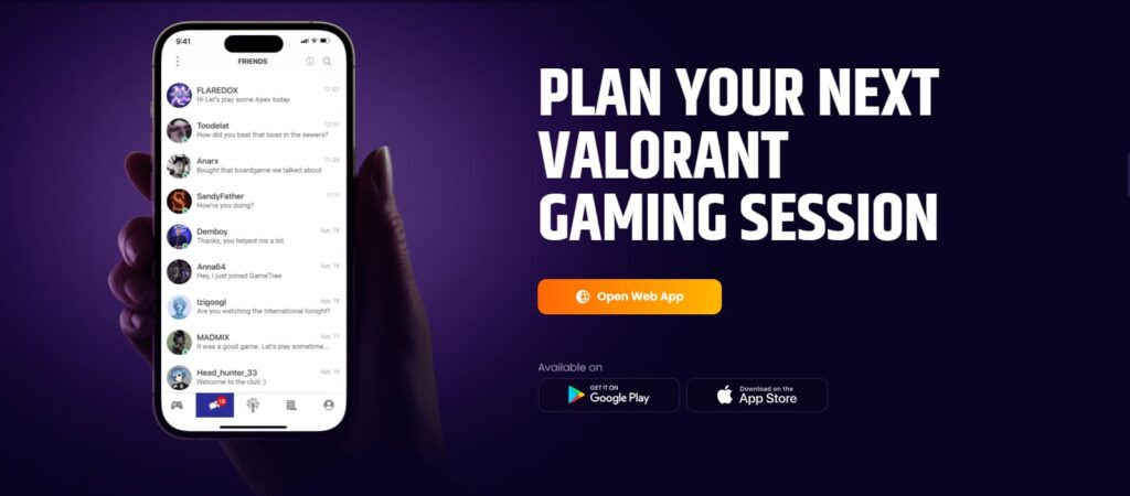 The GameTree VALORANT LFG app where you can find a team.