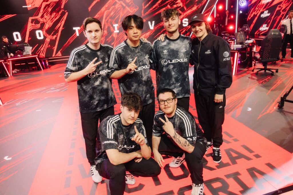 100 Thieves seen onstage after victory during VCT Americas Mid-Season Playoffs at the Riot Games Arena on May 10, 2024. 