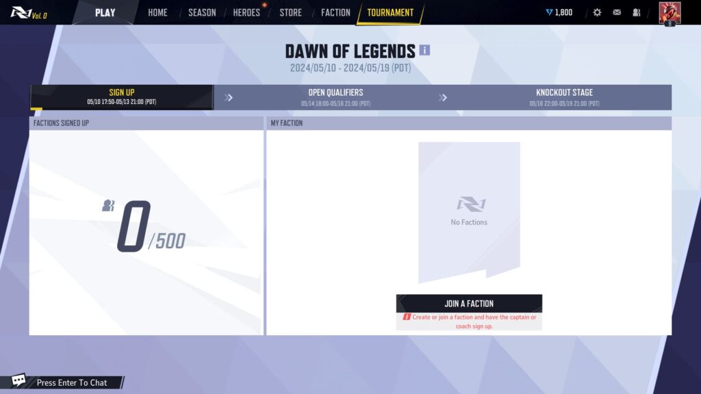 An overview of the Dawn of Legends tournament in the game client.