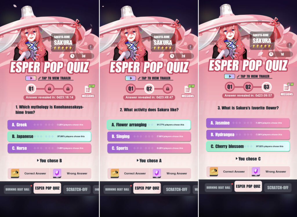 Dislyte quiz answer for Sakura screenshot (Images via esports.gg)