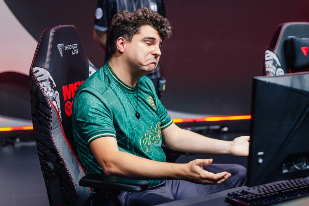 Gabriël "Bwipo" Rau of FlyQuest reacts on stage during MSI Play-Ins at the Chengdu Financial City Performing Arts Center in Chengdu, China on May 01, 2024 (Image via Colin Young-Wolff/Riot Games)