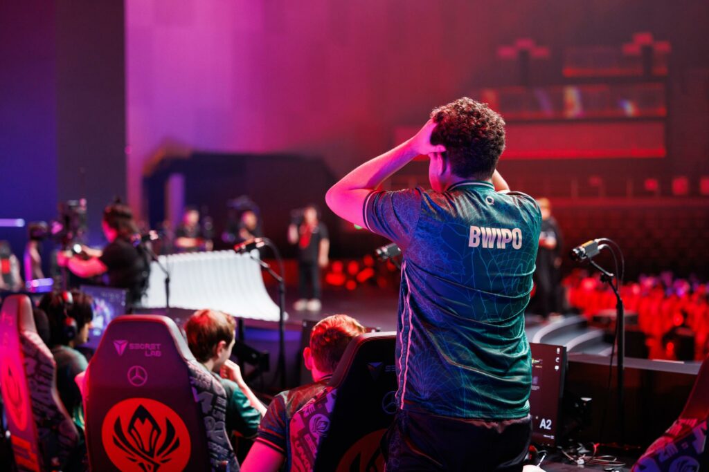 Gabriël "Bwipo" Rau of FlyQuest reacts on stage during MSI Play-Ins at the Chengdu Financial City Performing Arts Center in Chengdu, China on May 05, 2024. (Photo by Liu YiCun/Riot Games)