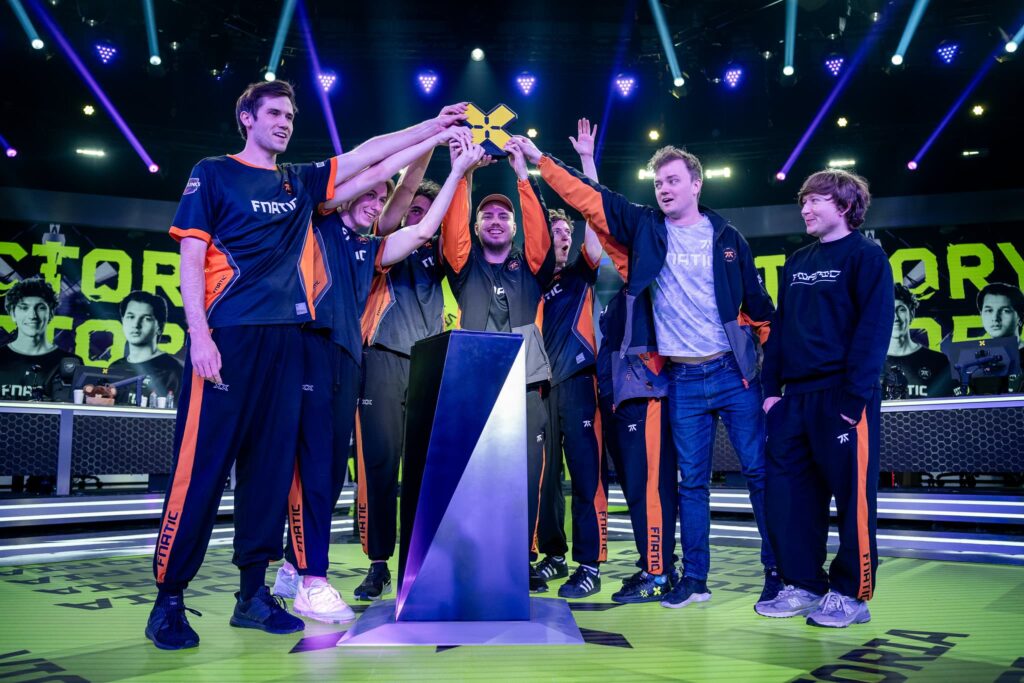 FNATIC, who plays Gen.G, lifting their trophy during the 2024 VCT EMEA 2024 Stage 1 Finals at the Riot Games Arena on May 12, 2024 in Berlin, Germany 