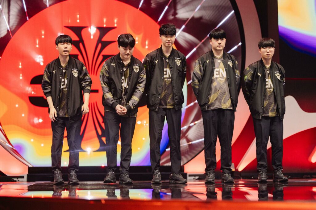 Gen.G Esports are seen on stage after victory during MSI Bracket Stage at the Chengdu Financial City Performing Arts Center in Chengdu, China on May 08, 2024. (Photo by Colin Young-Wolff/Riot Games)