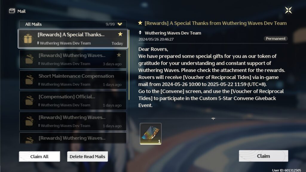 The Voucher of Reciprocal Tides can be claimed in your Mail in-game