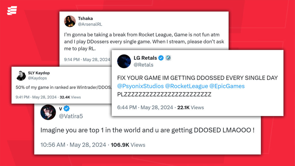 Screenshots of Tweets by pro players angry with the DDoSers (Image via esports.gg)