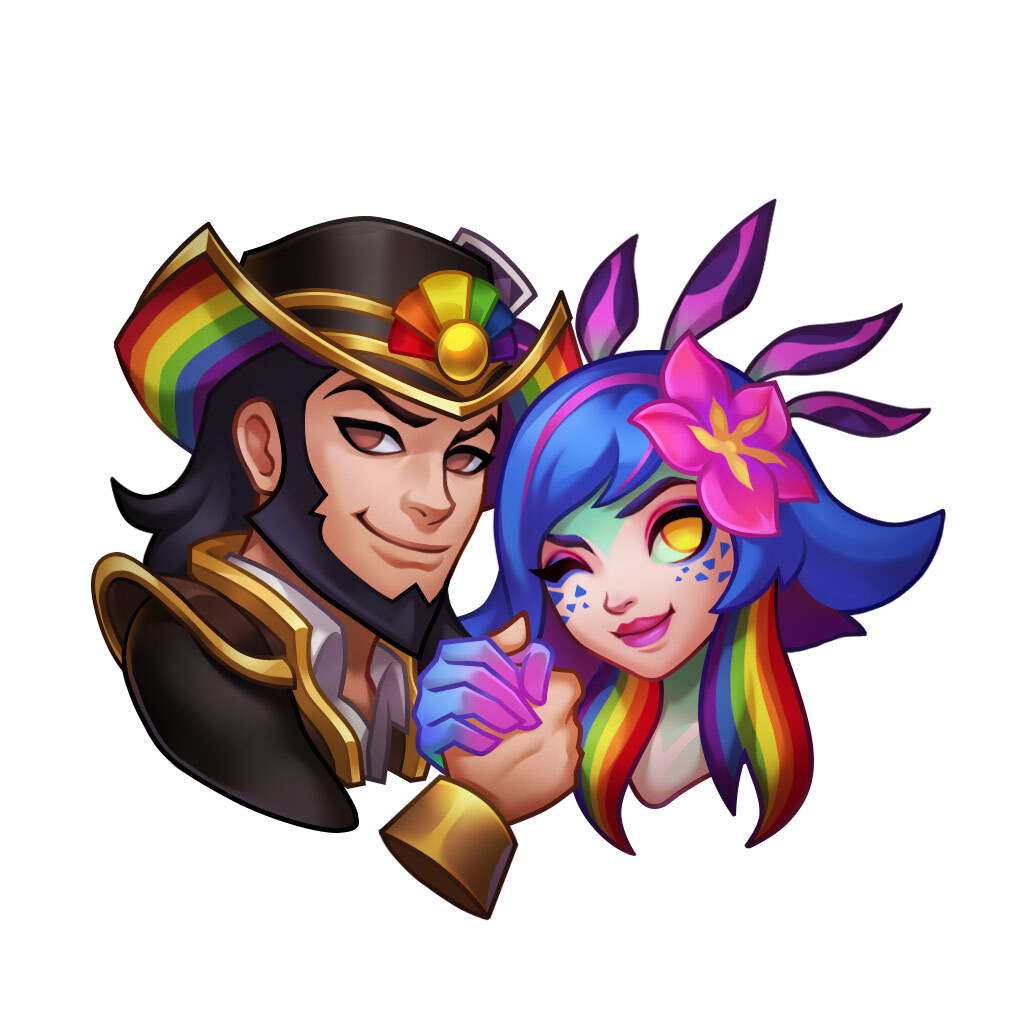 The new Pride emote "United" featuring Twisted Fate and Neeko (Image via Riot Games)