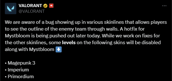 Screenshot confirming that the skins won't return until the developers fix them (Image via esports.gg)