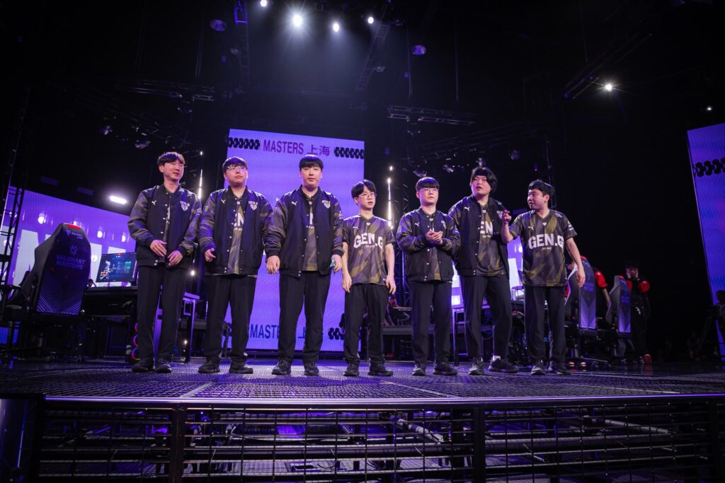 Gen.G Esports, who plays FNATIC, are seen on stage after victory during the VALORANT Masters Shanghai Swiss Stage Day 3 at the VCT CN Studio on May 25, 2024 in Shanghai, China. 