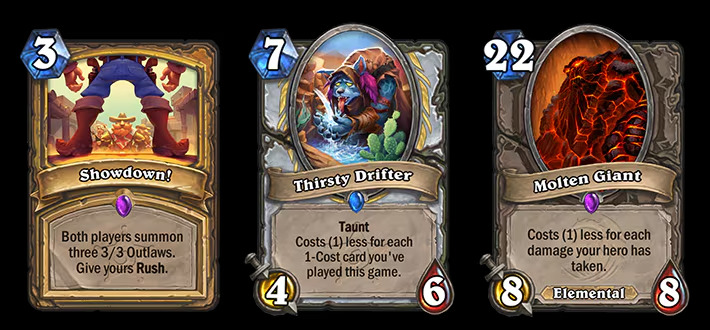 Hearthstone patch 29.4.2 nerfs Showdown, Thirsty Drifter, and Molten Giant (Images via Blizzard Entertainment)