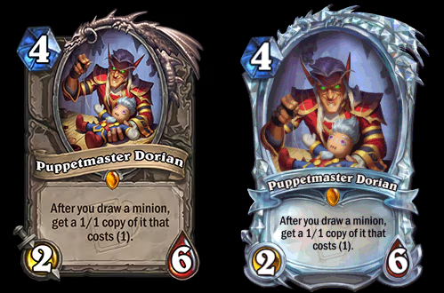 Puppetmaster Dorian in the Hearthstone Dr. Boom's Incredible Inventions Mini-Set (Images via Blizzard Entertainment)