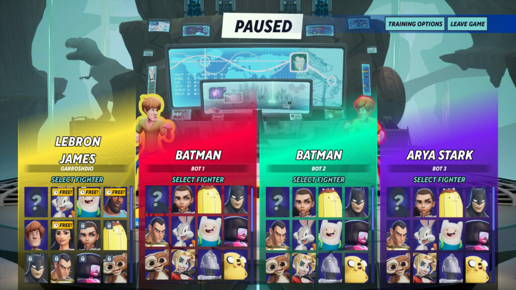 The MultiVersus training mode lets you select different fighters and test them out (Image via esports.gg)