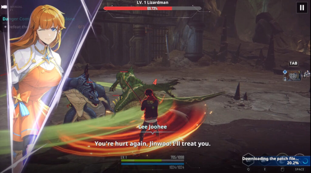 Screenshot of Joohee healing Jinwoo in Solo Leveling: ARISE (Image via esports.gg)