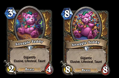 Snuggle Teddy features the Gigantify keyword in Hearthstone (Images via Blizzard Entertainment)