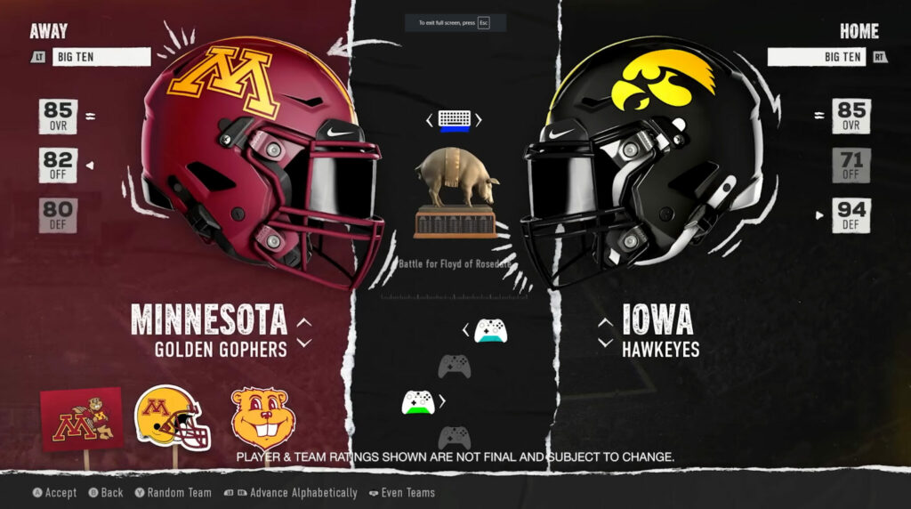 Minnesota and Iowa's unofficial team ratings in College Football 25 (Image via EA)