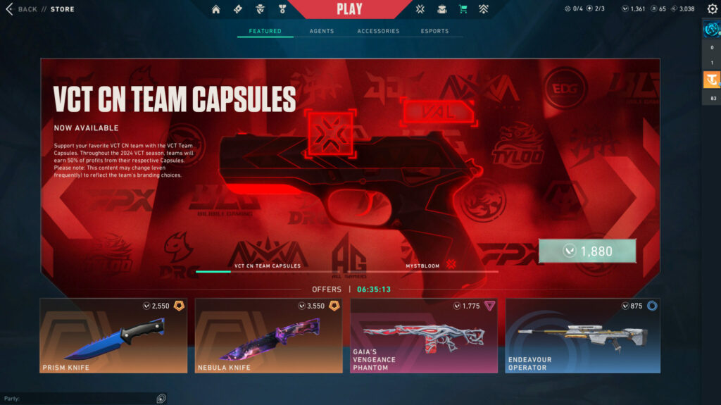 VCT China team capsules are currently featured in the VALORANT shop (Image via esports.gg)