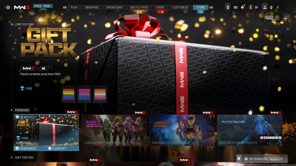 You'll find the Gift Pack in the Call of Duty store for a limited time (Screenshot via esports.gg)