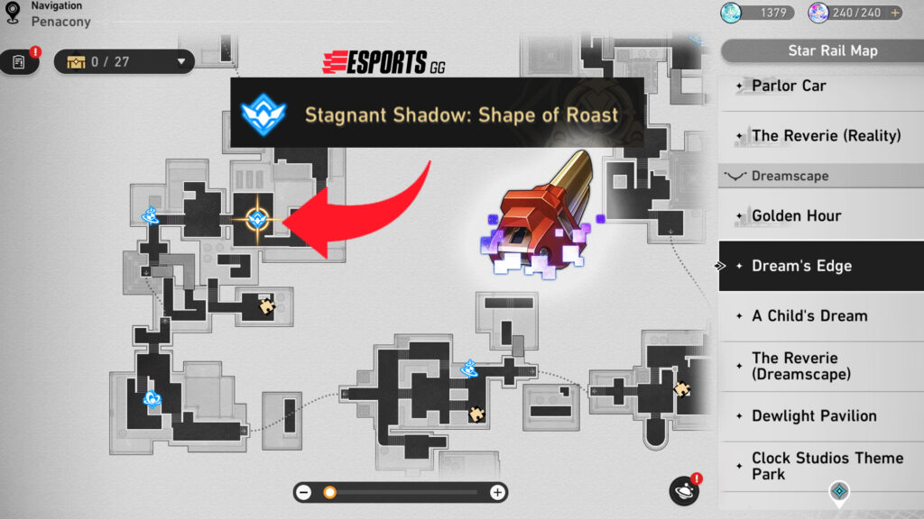 Gather Dream Flamer in the Shape of Roast Stagnant Shadow node in Penacony. (screenshot via esports.gg)