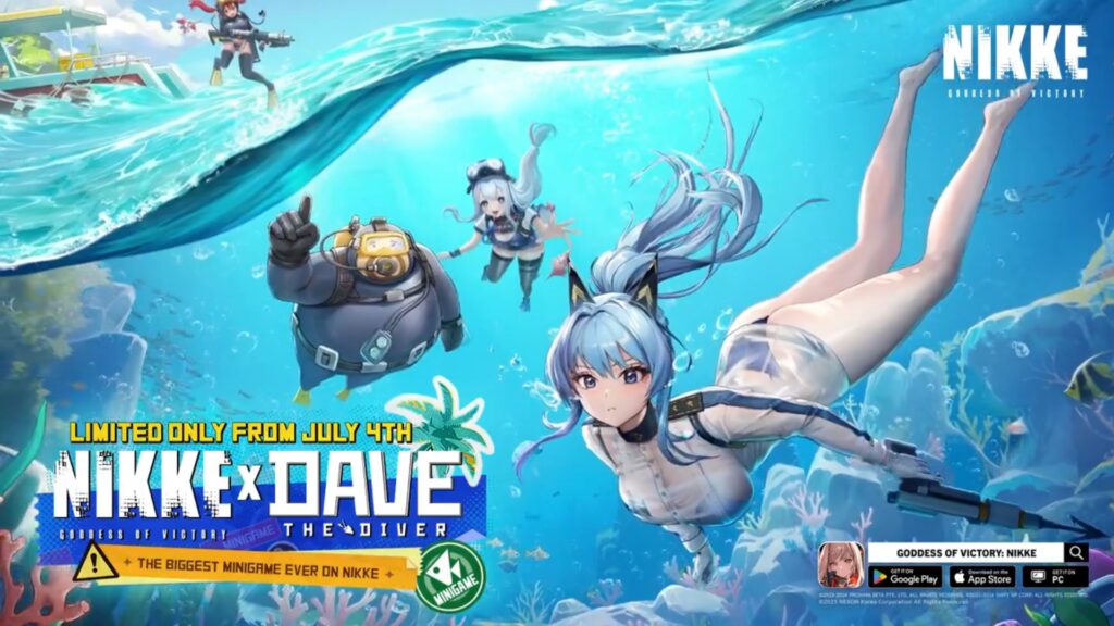 The official splash art for NIKKE x Dave the Diver collaboration with Dave, Mast, Anchor and Helm