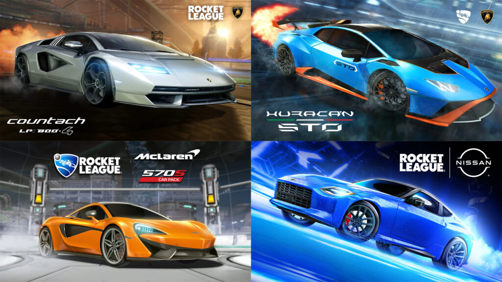 Screenshots of the first four cars affected by the <a href="https://www.rocketleague.com/en/news/add-items-to-more-of-your-rocket-league-cars-in-v2-40" target="_blank" rel="noreferrer noopener">announced changes</a> (Image via esports.gg)