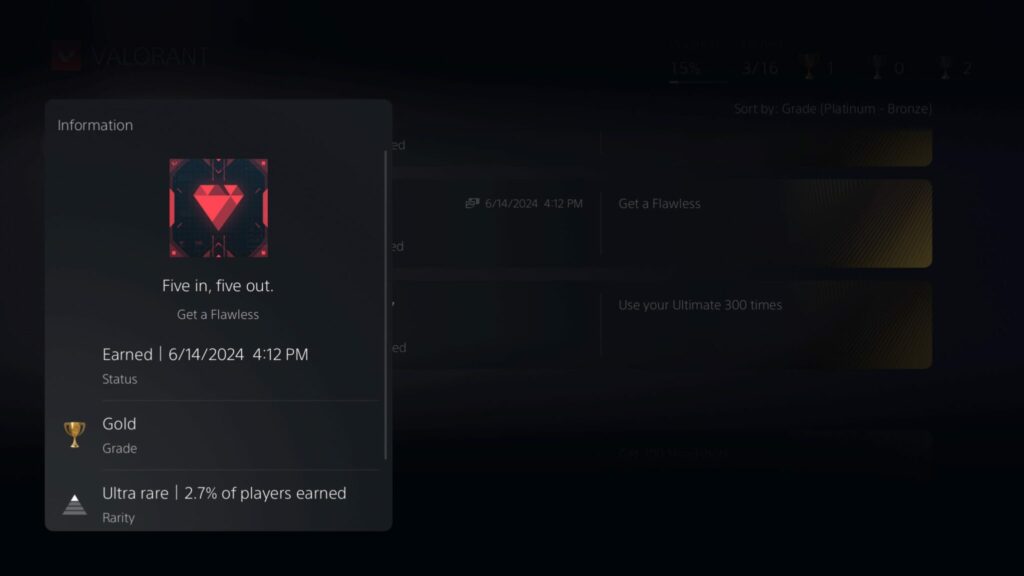One of the many trophies you can earn in VALORANT on PS5 (Screenshot via esports.gg)