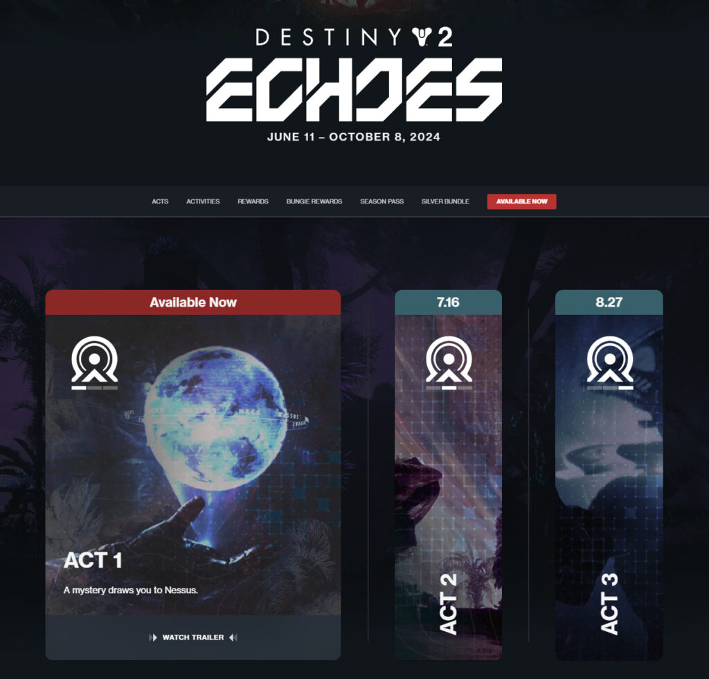 The complete Echoes timeline, including Act 1, Act 2, and Act 3 in Destiny 2 (Image via <a href="https://www.destinythegame.com/episodes/echoes">destinythegame.com</a>)