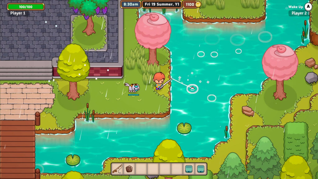 Fishing on a rainy day with your pet by your side in Everafter Falls (Image via Steam <a href="https://store.steampowered.com/app/1416960/Everafter_Falls/">Game Page</a>)