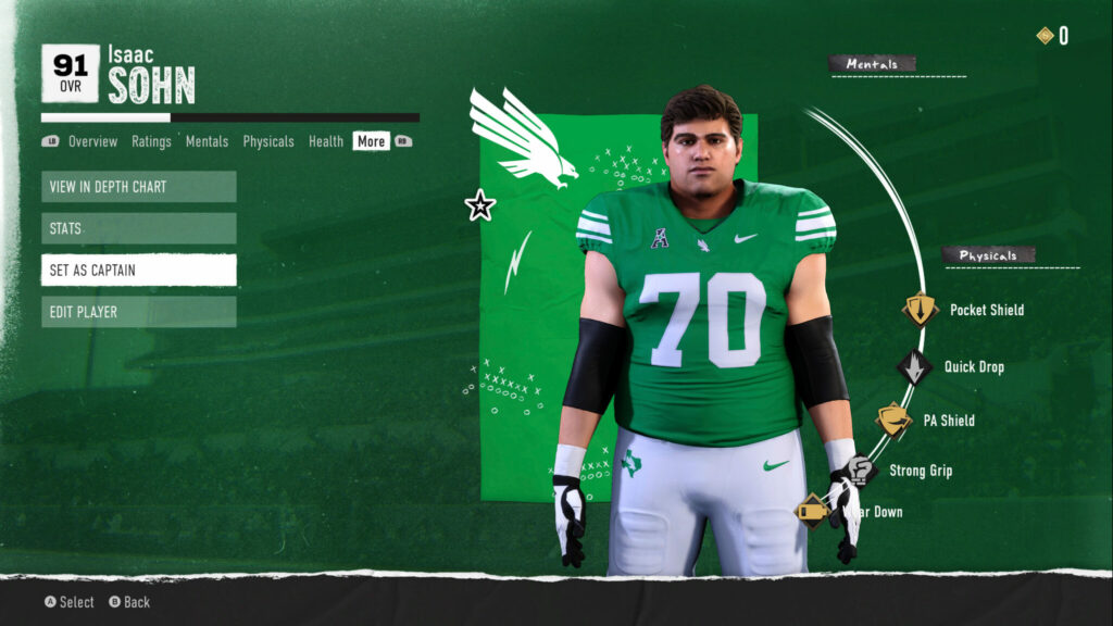 This 91 OVR offensive lineman is now a captain for my North Texas dynasty (Image via esports.gg)