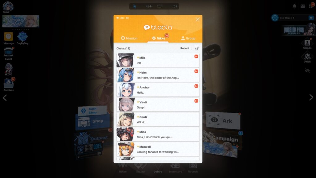 Open up Message to use the BlaBla App. Select the NIKKE tab to chat to improve your Bond Level