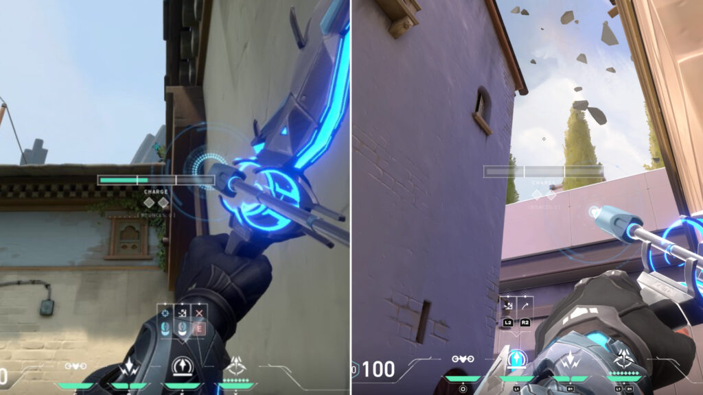 The abilities on PC (left) are in different spots than on console (right) (Screenshots via esports.gg)