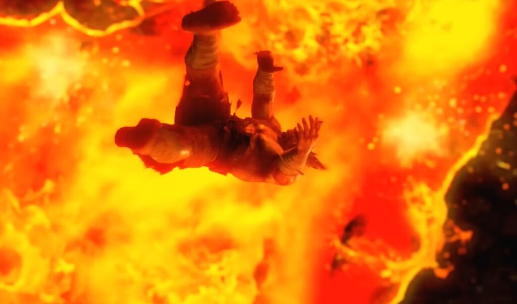 Heihachi falling into an active volcano after being throw in there by Kazuya in Tekken 7