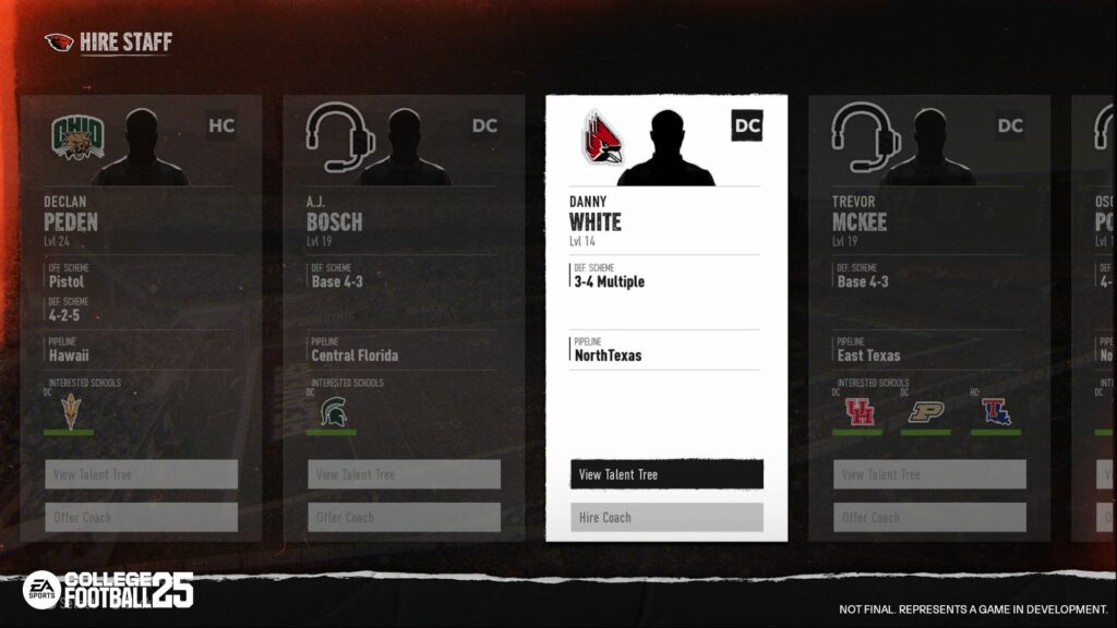 The Hire Staff screen in College Football 25 Dynasty mode (Image via EA Sports)