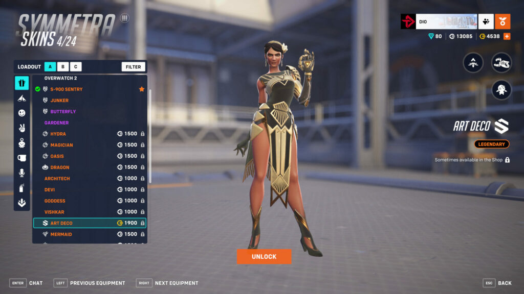 The legendary Art Deco Symmetra skin is worth 1,900 Overwatch Coins (Image via esports.gg)