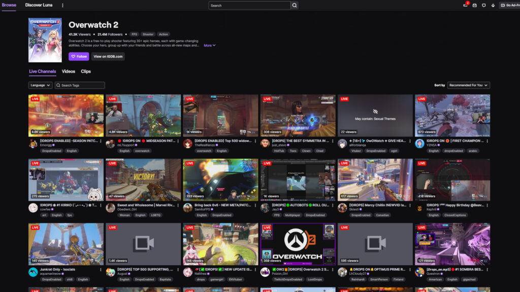 Screenshot of the Overwatch 2 category on Twitch (Image via esports.gg)