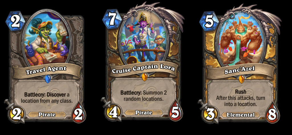 Travel Agent, Cruise Captain Lora, and Sanc'Azel in Hearthstone (Images via Blizzard Entertainment)