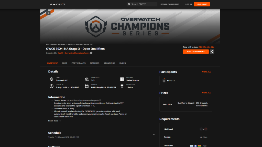 OWCS 2024 NA Stage 3 Open Qualifiers page (Image via FACEIT)