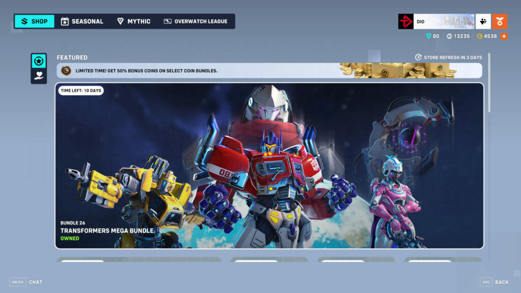 Megatron Ramattra, Optimus Prime Reinhardt, Arcee Illari, and Bumblebee Bastion in the shop (Image via esports.gg)