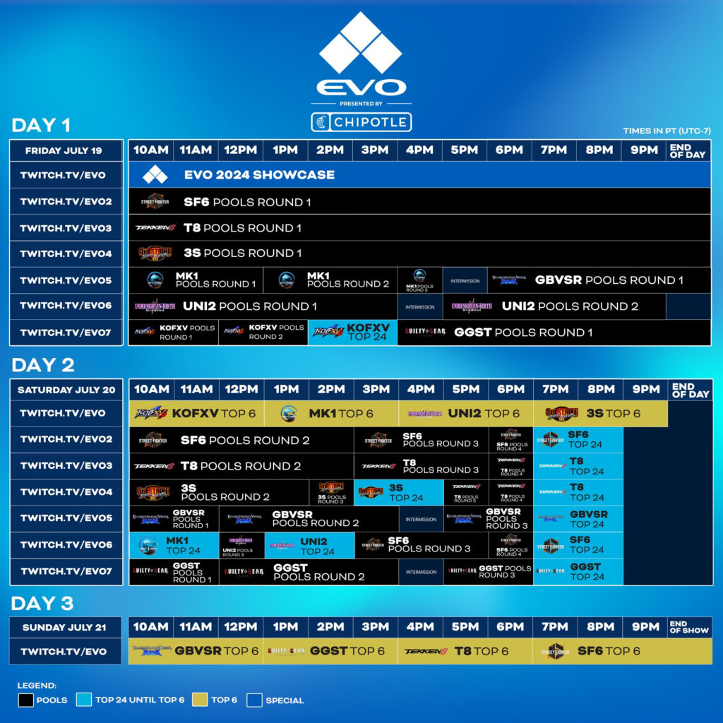 The full broadcast schedule for Evo Las Vegas 2024 (Image via Evo)