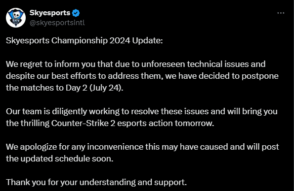 Skyesports apologized for the tech issues at the Skyesports Championship 2024 (Screenshot by esports.gg)